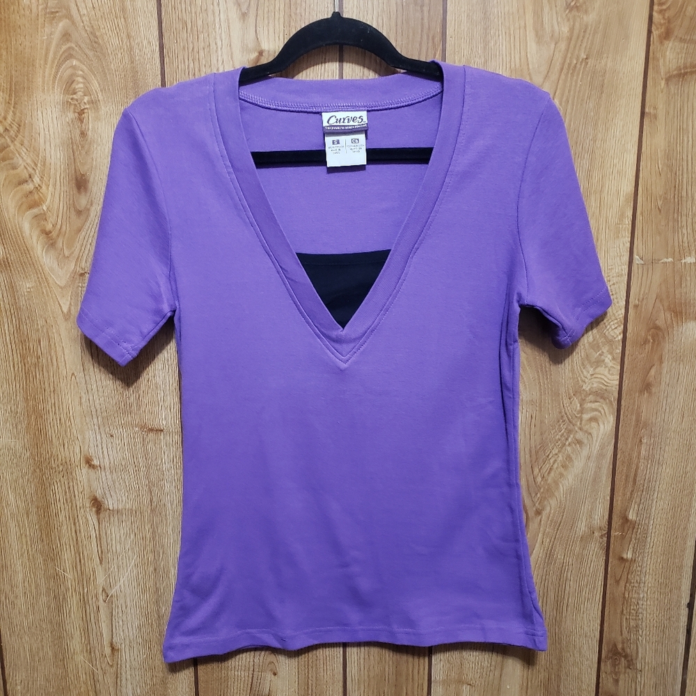 Curves Women’s T-shirt Purple/ Black Dry V-Neck Large Short Sleeves Stretch Top
